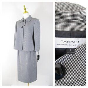 Tahari Black White Houndstooth Skirt Suit 8 Formal Business Career